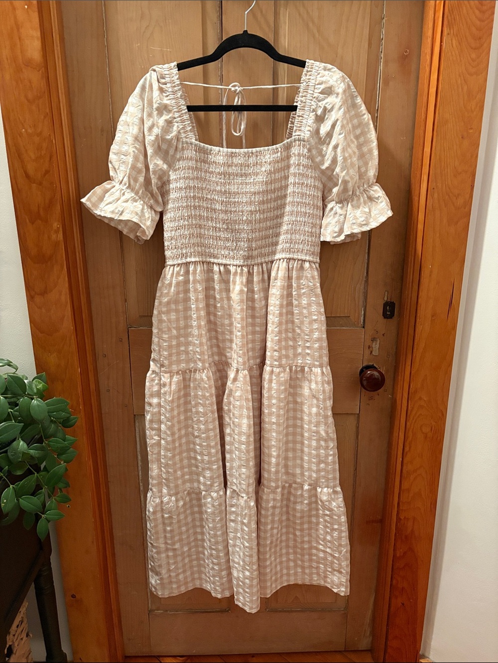 Smocked Square-Neck Maxi Dress in Light Beige